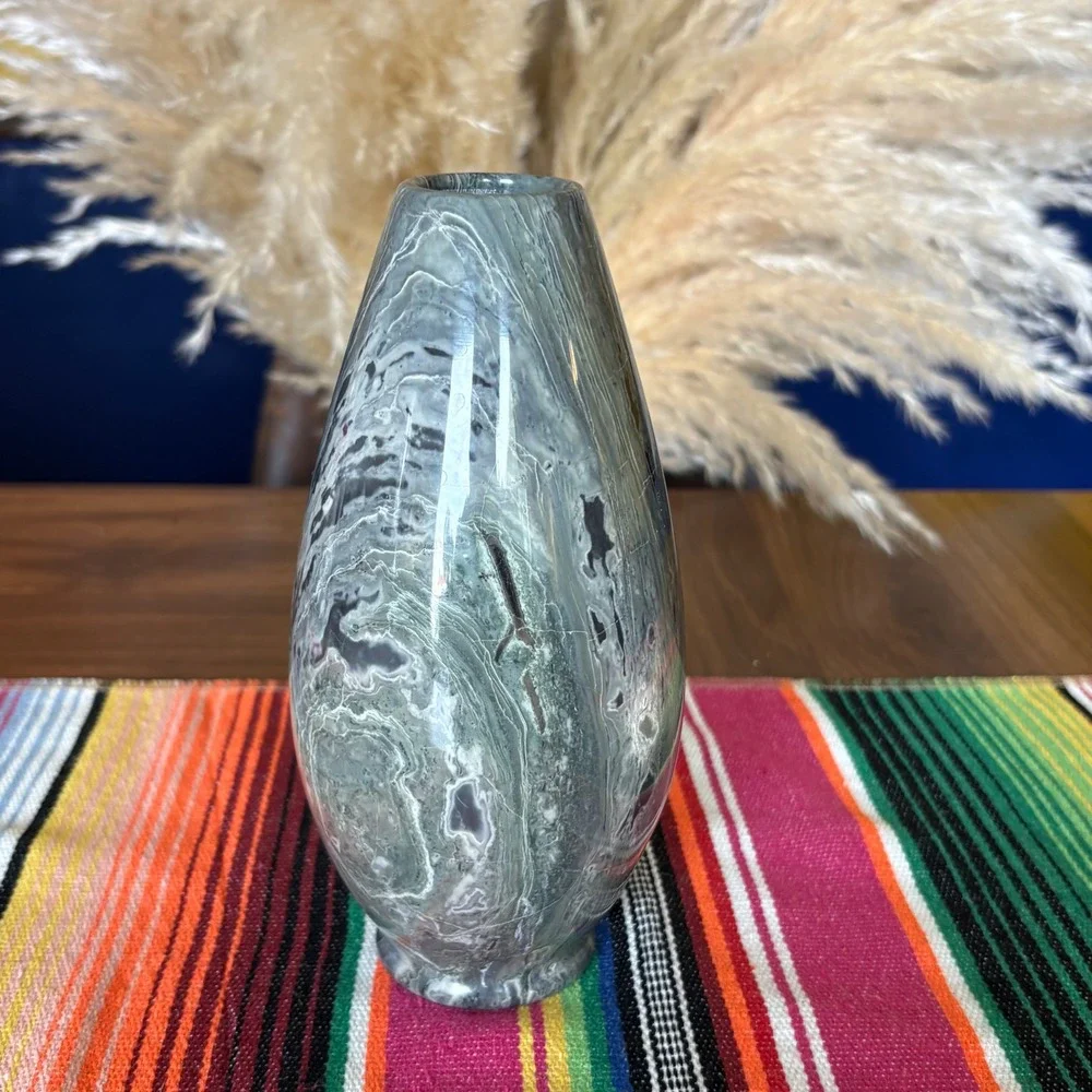 Vintage Green Marbled Stone Bud Vase Hand Carved Polished Onyx Marble 7.5 Inch